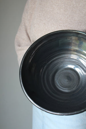 Large Metallic Black Ribbed Serving Bowl
