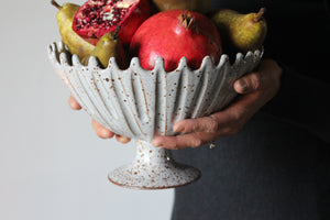 Pedestal Dish in Speckled Cream/White with Crenellated Edge