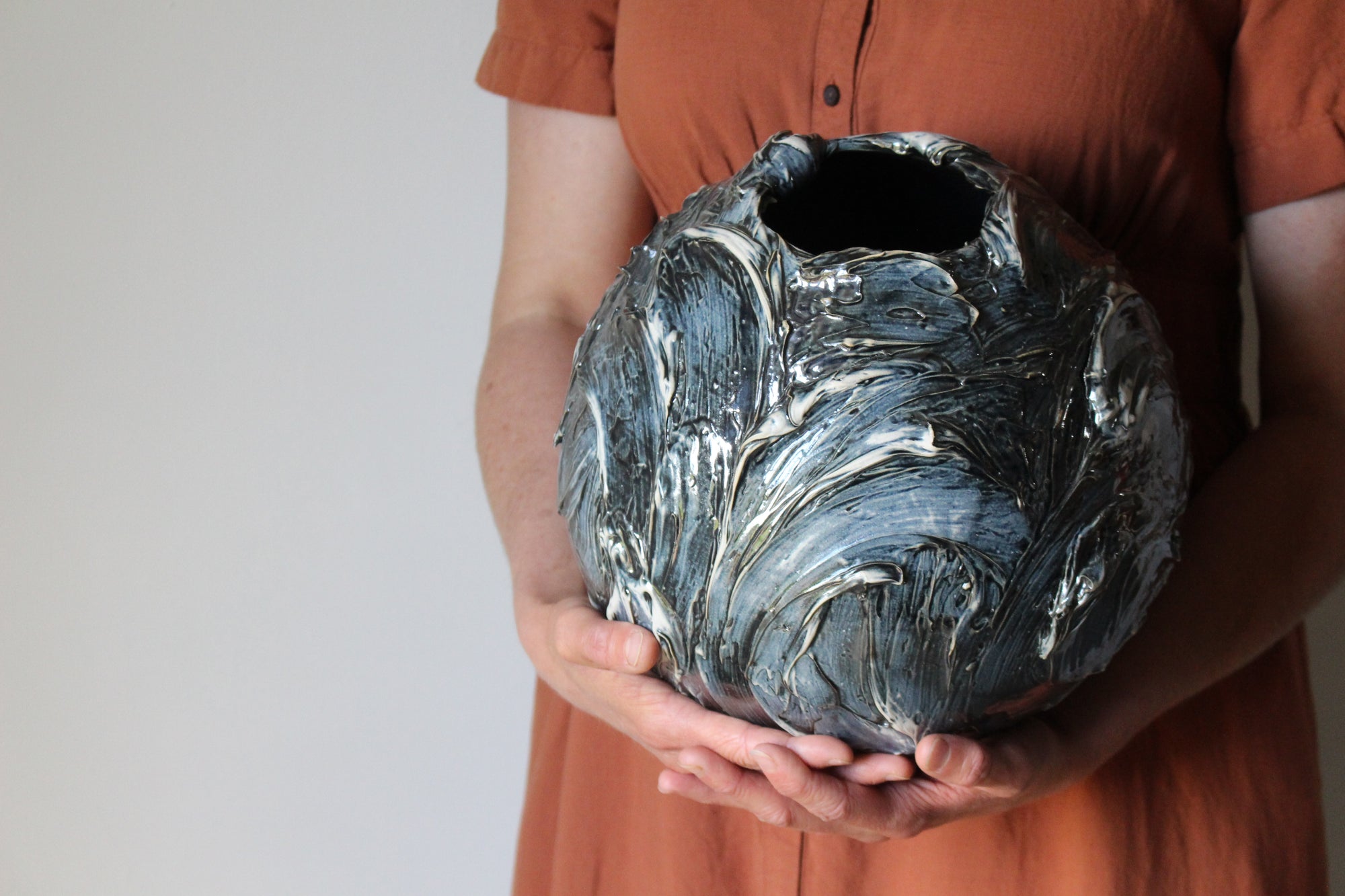 Large Flawed Orb Vase in Metallic Blue/Black