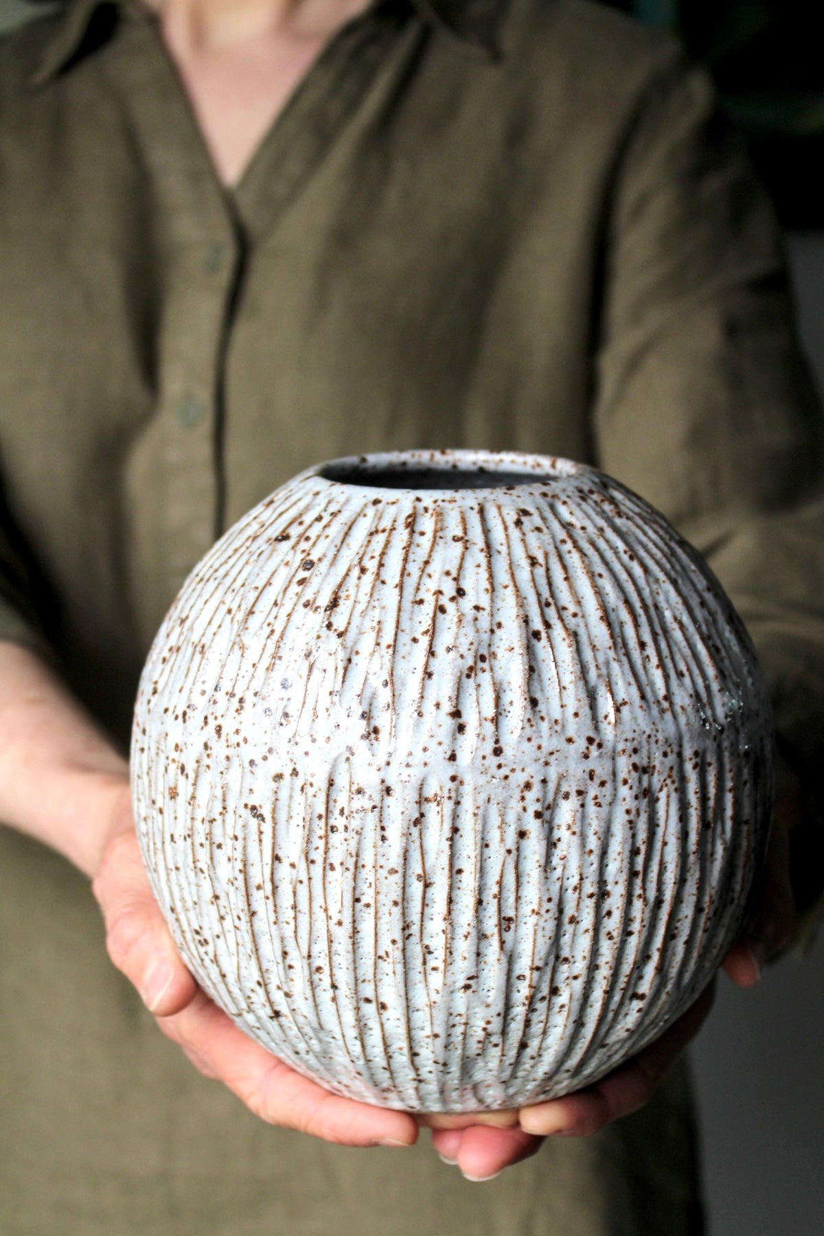 Carved Vase in Speckled White