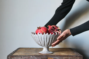 Pedestal Dish in Speckled Cream/White with Crenellated Edge