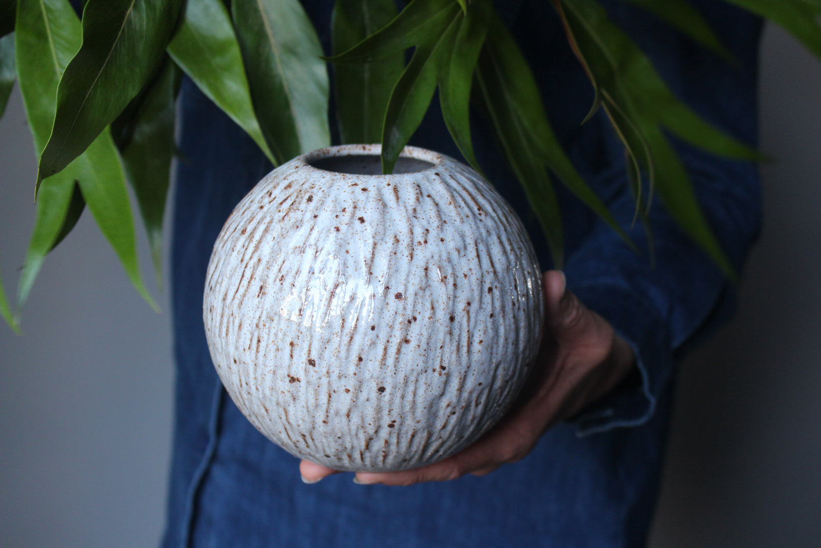 Carved Orb Vase in Speckled White: Two