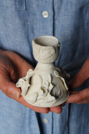 Decorated Porcelain Candlestick Holder in Cream and White