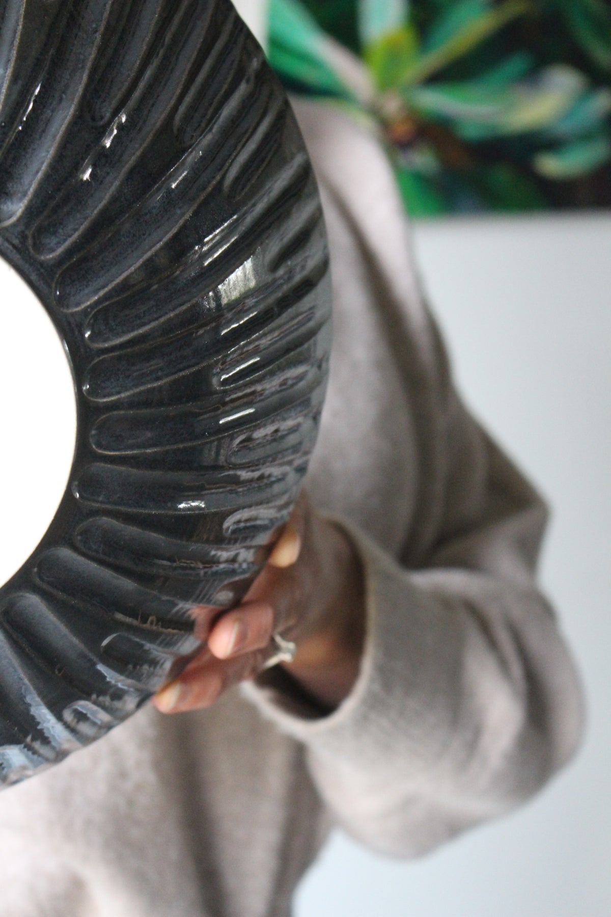 Large Metallic Black Ribbed Serving Bowl