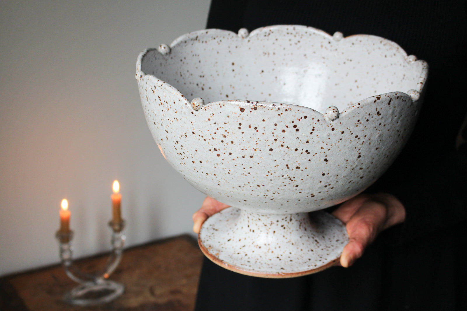 Large Scalloped-Edge Pearl Pedestal Dish