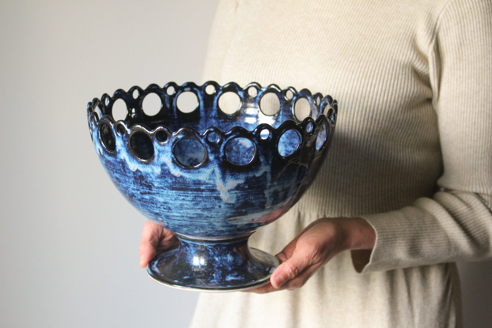 Openwork Pedestal Dish in Indigo