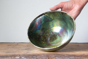 Shimmering Raku Bowl in Petrol and Green: Four