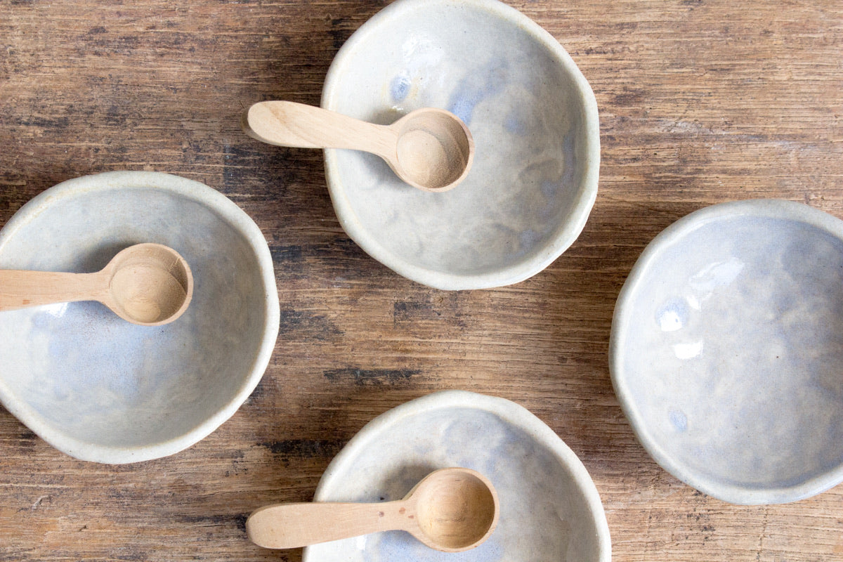 Pale Blue Salt or Pepper Pot with Wooden Spoon